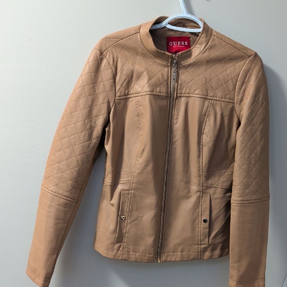 Guess Women's Camel Quilted Faux Leather Jacket Medium